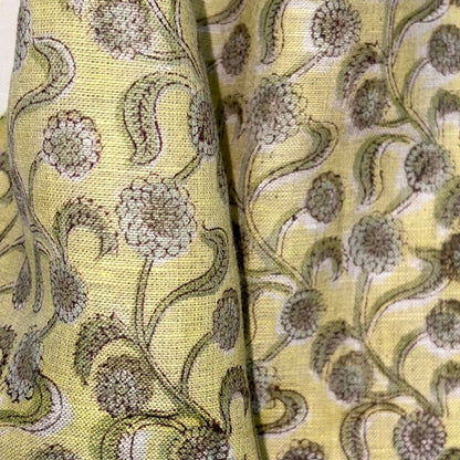 Close-up of yellow fabric with intricate floral pattern