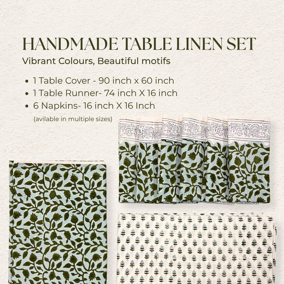 Handmade table linen set with patterns and sizes on a light background