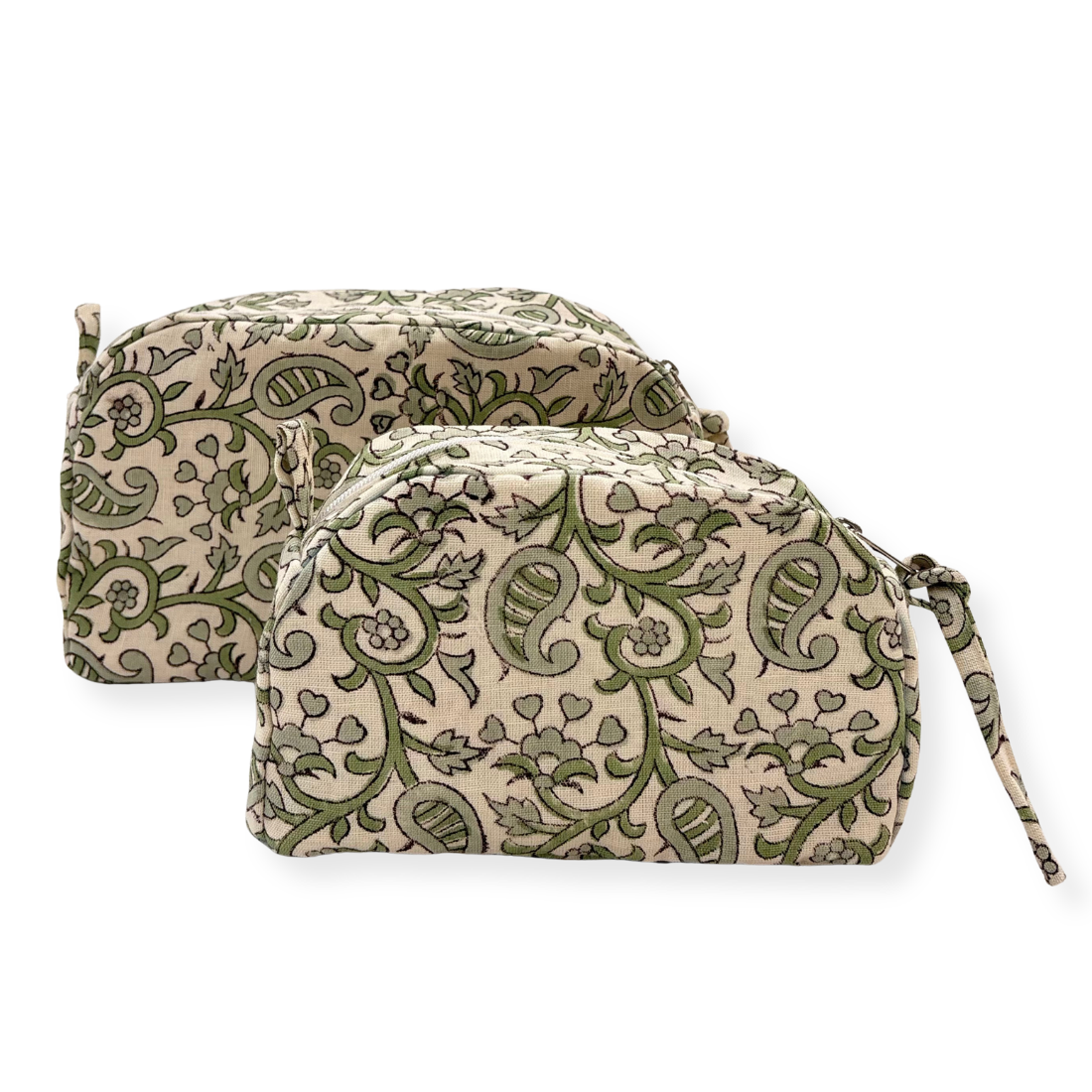 Two patterned pouches on a white background
