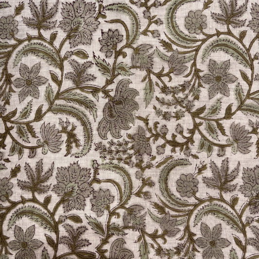Floral and paisley patterned fabric in brown on a grey background