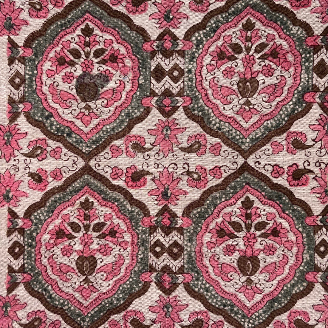 Patterned fabric with pink and brown design on a grey background