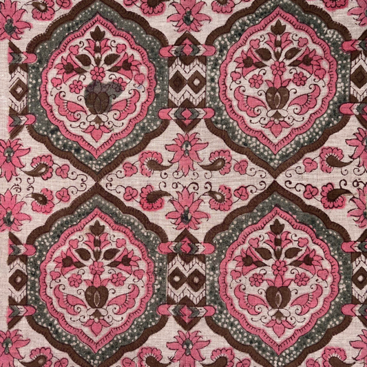Patterned fabric with pink and brown design on a grey background