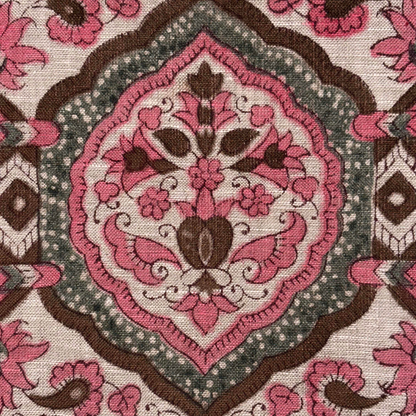 Close-up of a patterned fabric with pink and brown design