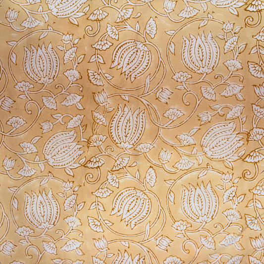 Decorative fabric pattern with white floral design on a beige background