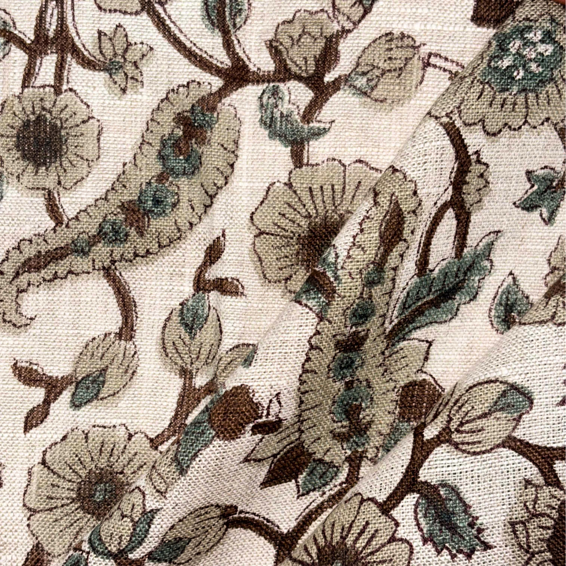 Close-up of floral patterned fabric with brown and green colors on a grey background