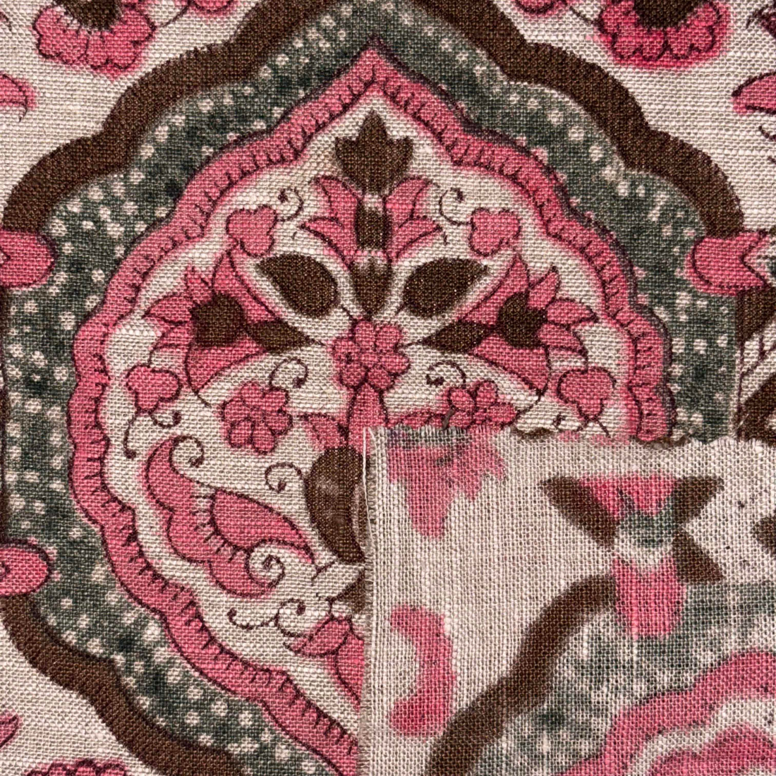 Close-up of a patterned fabric with pink and brown design