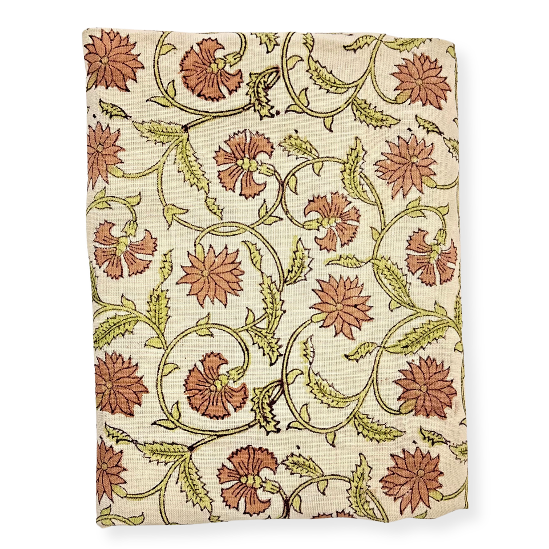 Floral patterned fabric with red flowers and green leaves on a beige background