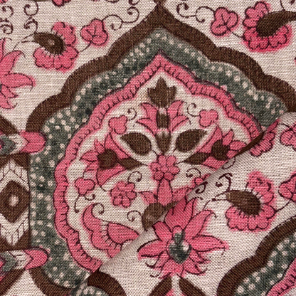 Close-up of a fabric with pink and brown floral pattern