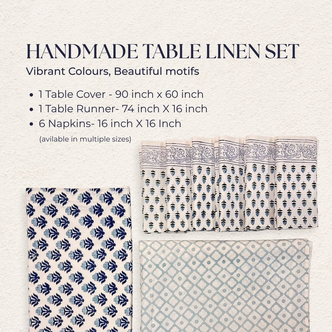 Handmade table linen set with patterns and sizes on a light background