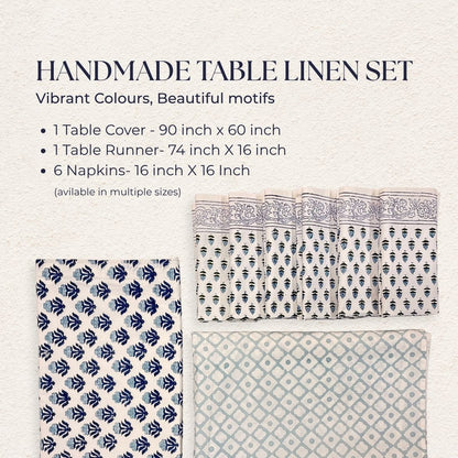 Handmade table linen set with patterns and sizes on a light background