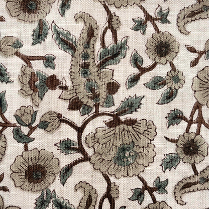 Close-up of a floral patterned fabric with brown, green, and grey colors on a white background.