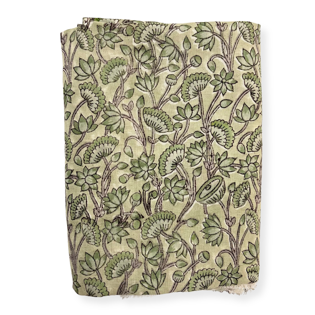 Folded fabric with green floral pattern on a white background