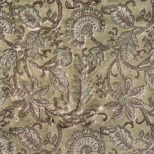 Close-up of a floral paisley pattern on fabric with a green and brown color scheme.