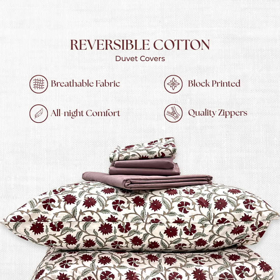 Reversible cotton duvet covers with floral patterns.