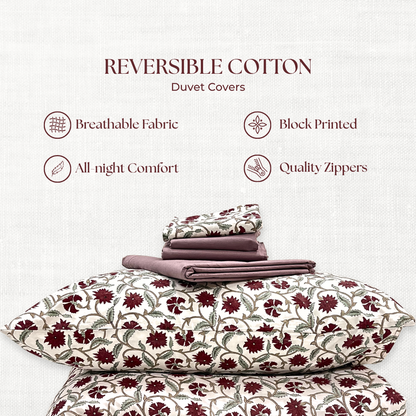 Reversible cotton duvet covers with floral patterns.