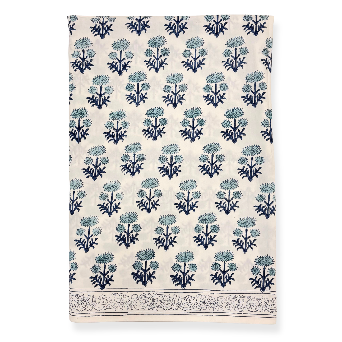 Tablecloth with blue floral pattern on a white background