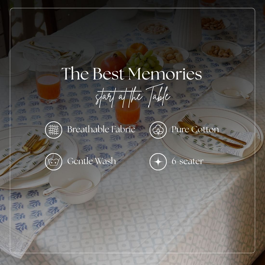 Table setting with blue and white patterned tablecloth and napkin, text overlay about tableware features.