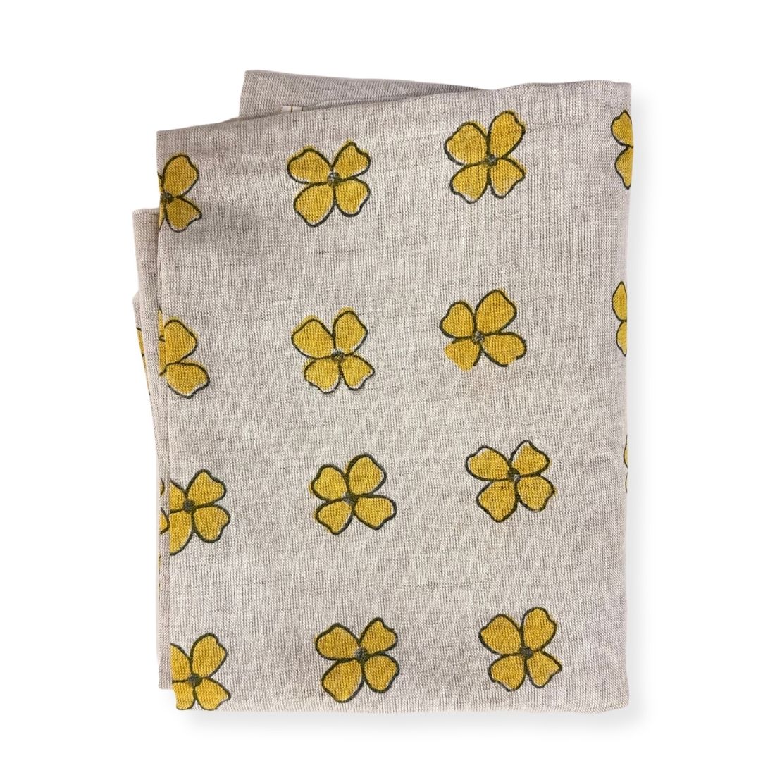 Fabric with yellow floral patterns on a white background