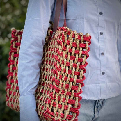 Anvaya Sabai Tote - Handwoven Dual-Tone Mesh Bag in Red & Natural