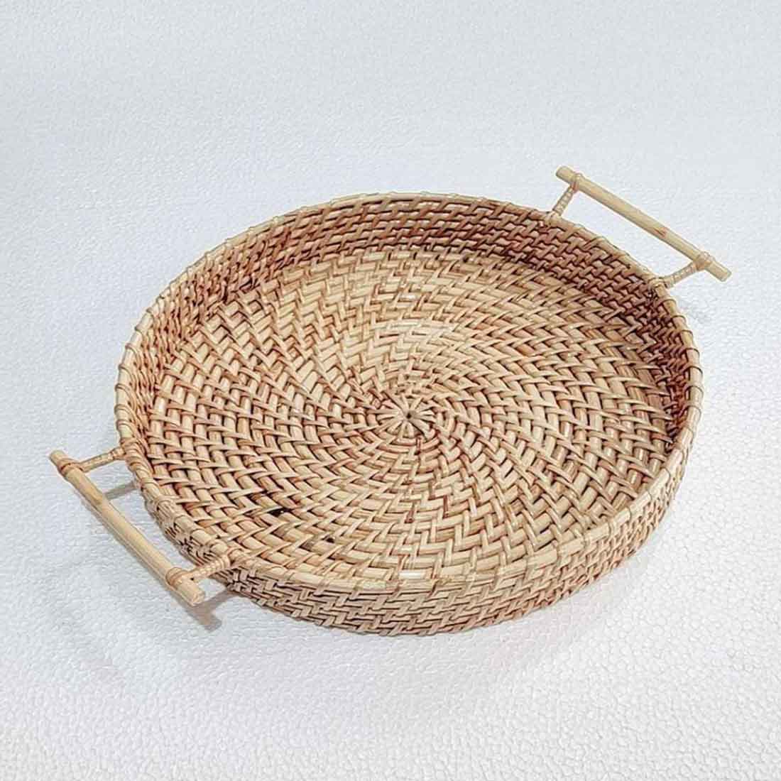 Cane Round Serving Tray with Handle