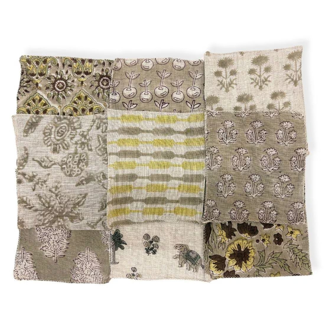 A patchwork-style fabric swatch set featuring various textured linen-like fabrics with floral, striped, and botanical patterns in muted earthy tones of beige, olive green, brown, and yellow.