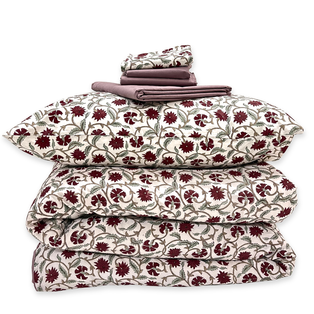 Floral patterned bedding set on a white background