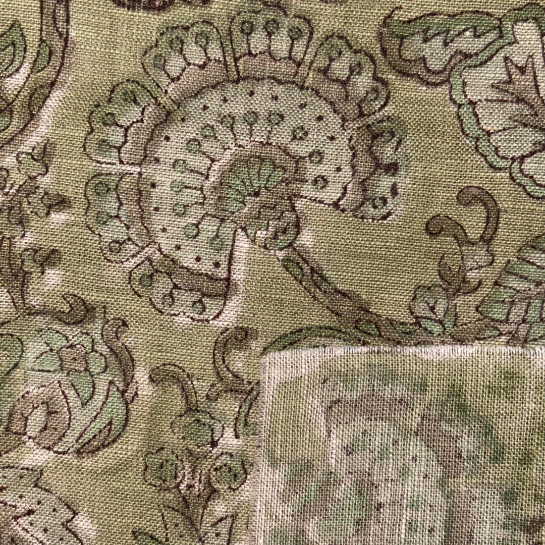 Close-up of intricate floral pattern on fabric with a neutral background