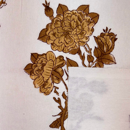 Brown floral embroidery on a white fabric background