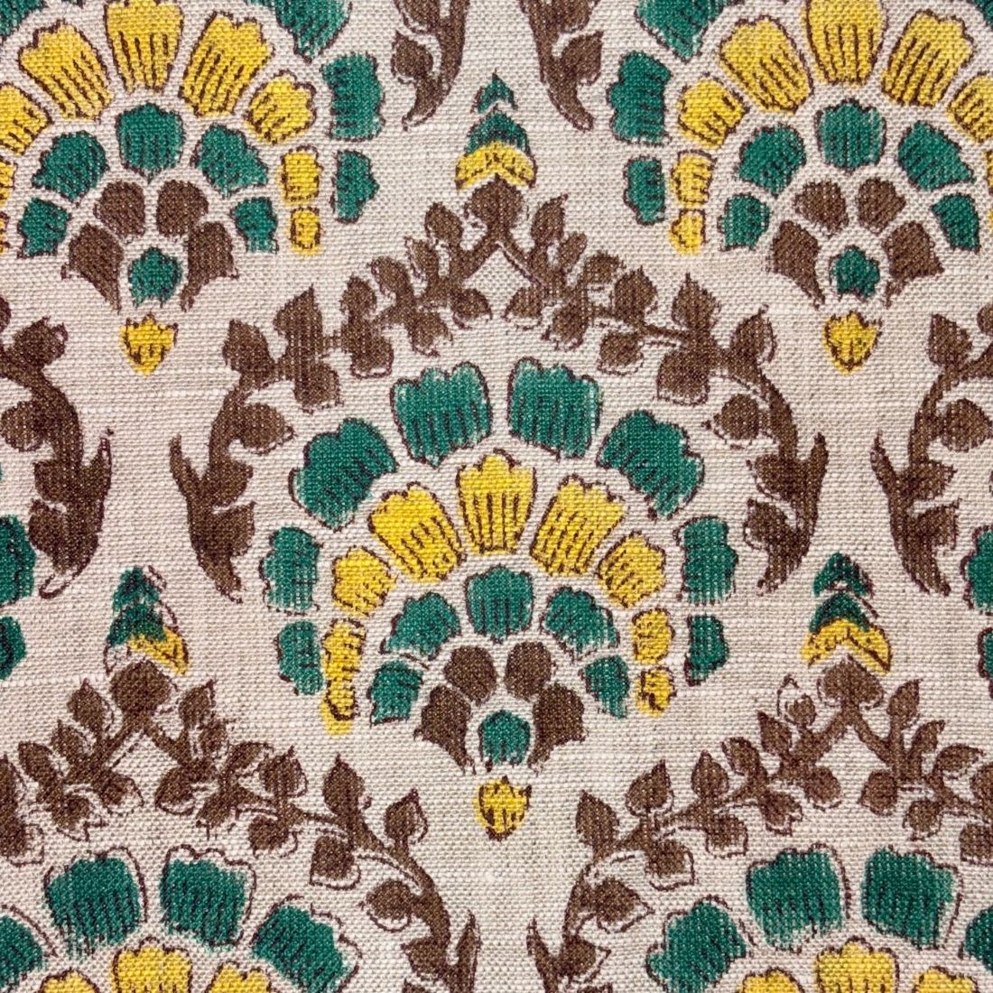 Close-up of a fabric with a floral pattern featuring brown, yellow, and green colors on a grey background.