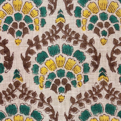 Close-up of a fabric with a floral pattern featuring brown, yellow, and green colors on a grey background.