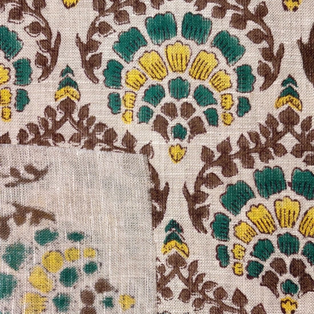 Close-up of a fabric with a floral pattern featuring brown, green, and yellow colors on a grey background.