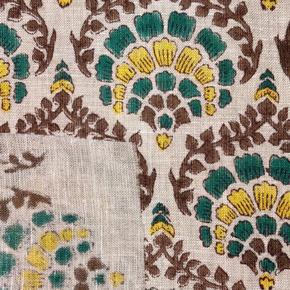 Close-up of a fabric with a floral pattern featuring brown, green, and yellow colors on a grey background.