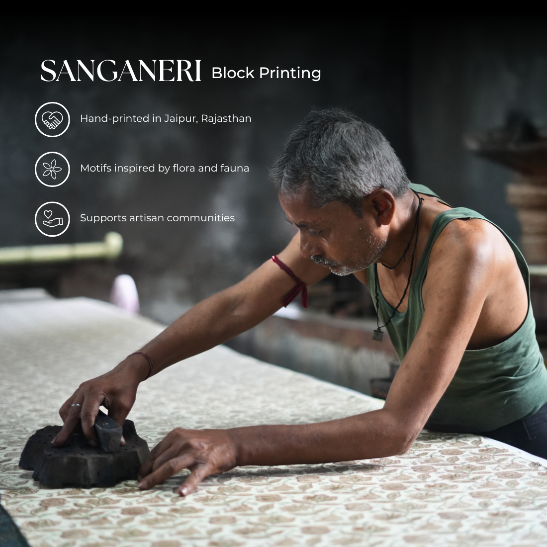 Man engaged in Sanganeri block printing with text about the art form.