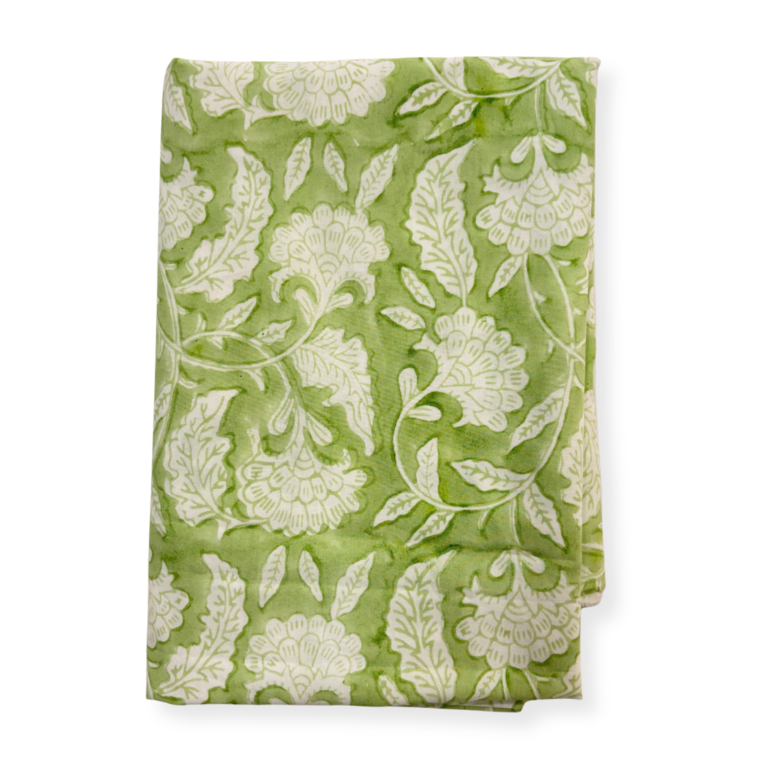 Green fabric with white floral pattern on a white background