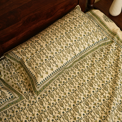 Patterned fabric with green and beige design on a wooden surface