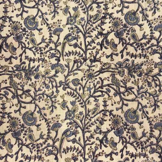 Patterned fabric with blue floral and leaf design on a beige background