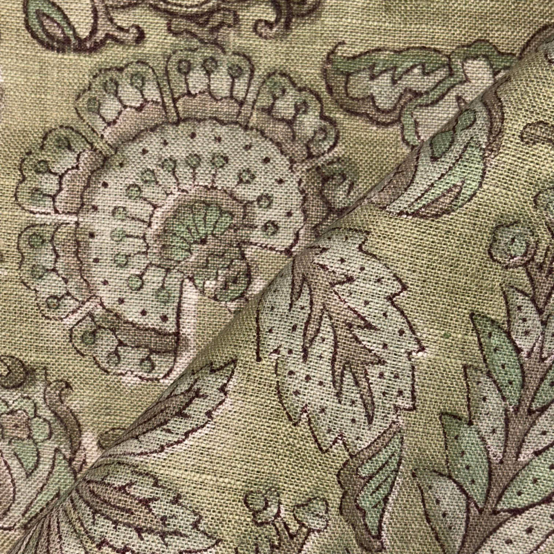 Close-up of a floral patterned fabric with green and brown colors.