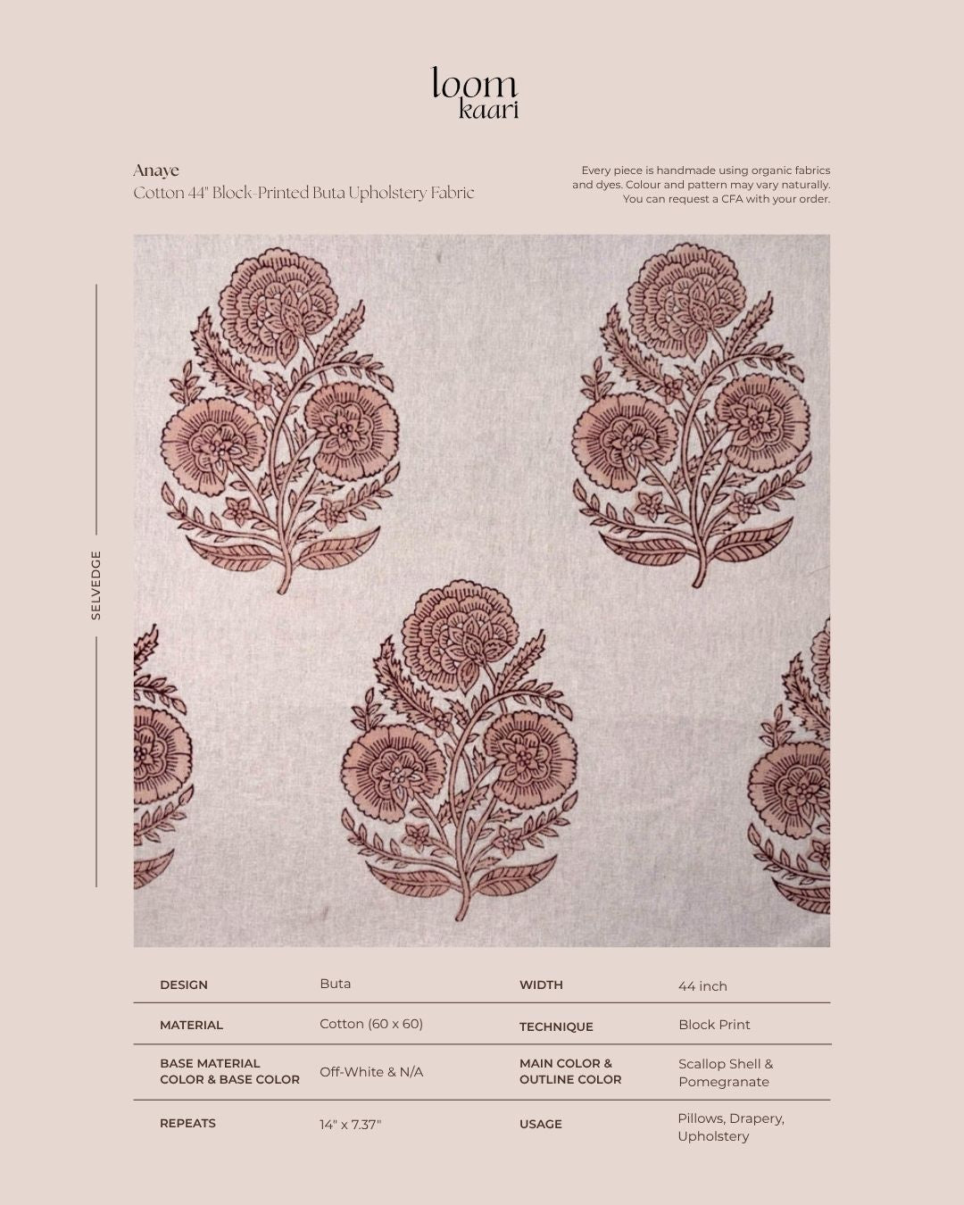 Fabric swatch with floral pattern and product details on a beige background
