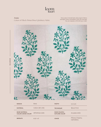 Fabric with green leaf pattern on a white background.