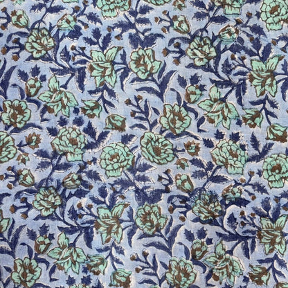 Floral pattern with blue and green flowers on a light blue background