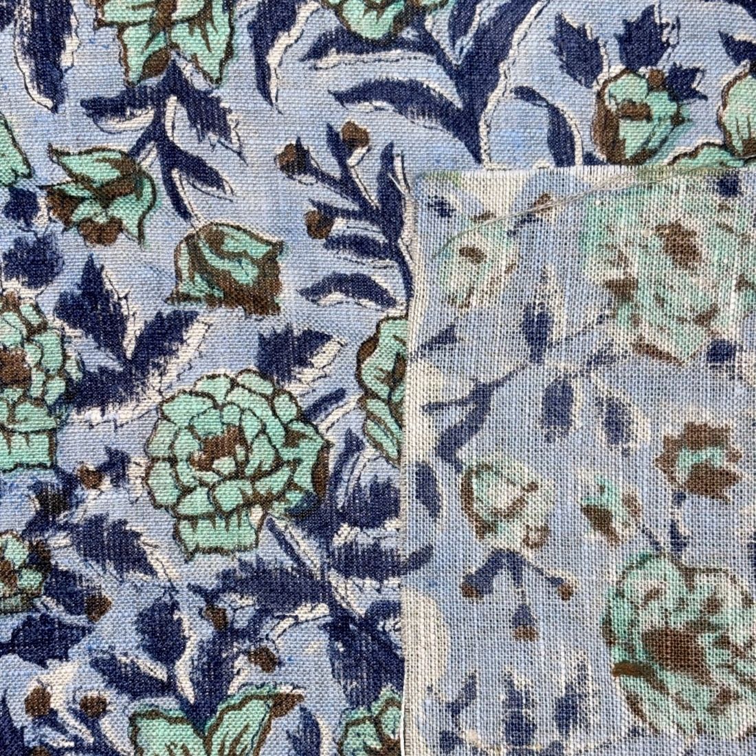 Close-up of floral fabric with blue, green, and brown colors.
