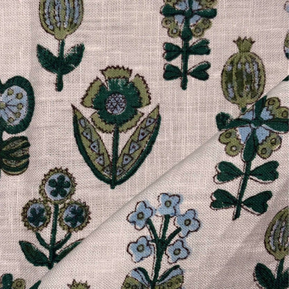 Close-up of floral patterned fabric with green and blue flowers on a grey background