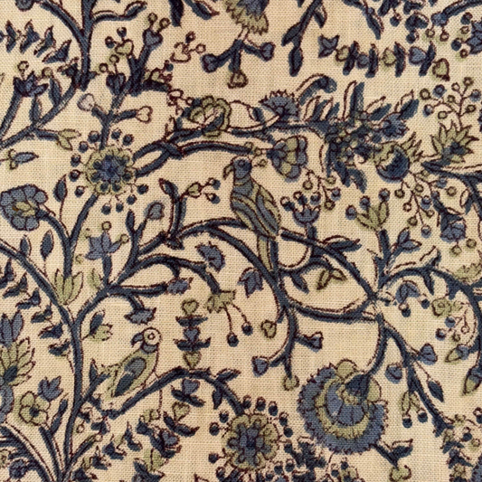 Close-up of a fabric with intricate floral pattern on a beige background