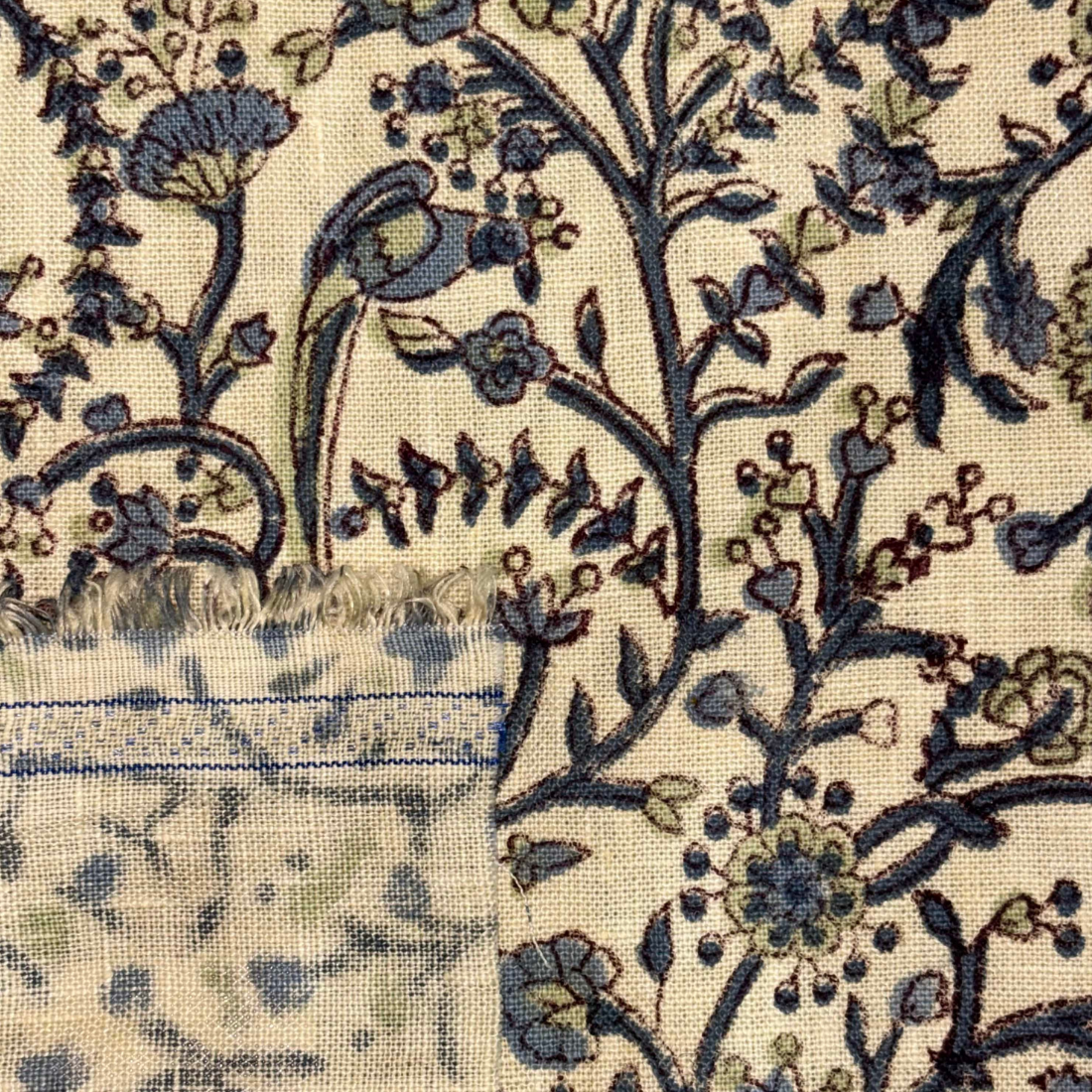 Close-up of floral patterned fabric with blue and green colors on a beige background.