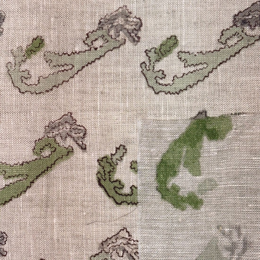 Close-up of embroidered fabric with floral patterns on a grey background