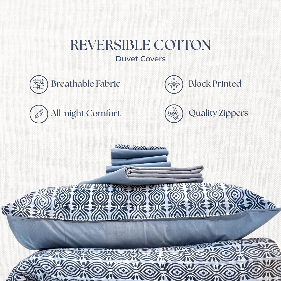 Reversible cotton duvet covers with geometric pattern on a white background