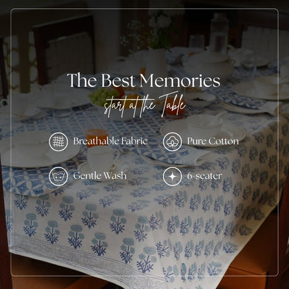 Table setting with blue and white patterned tablecloth and napkin, text overlay about tableware features.