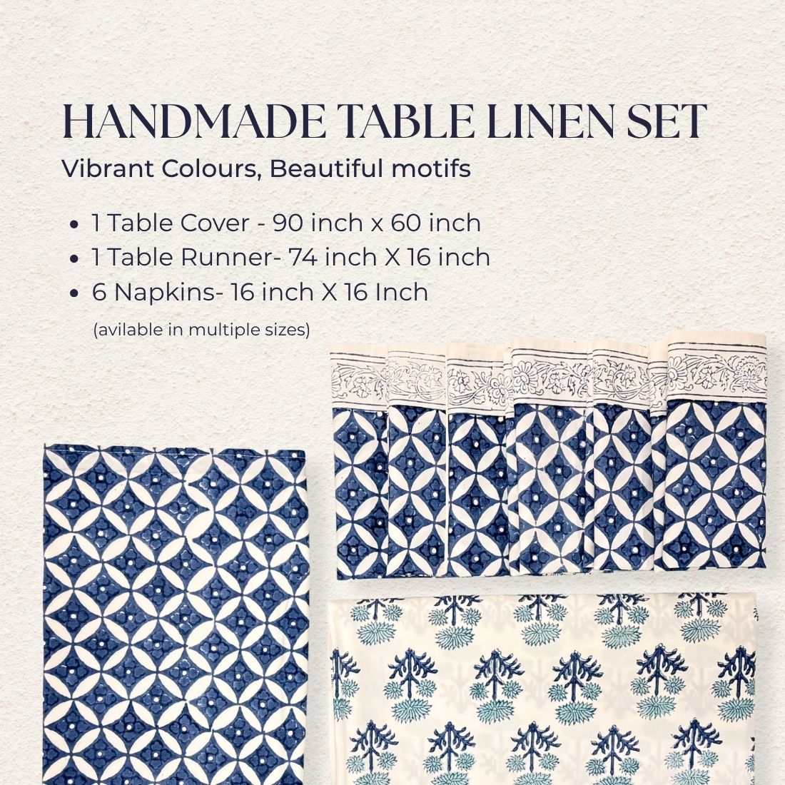 Handmade table linen set with patterns and sizes on a light background