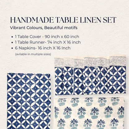 Handmade table linen set with patterns and sizes on a light background