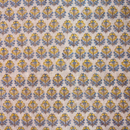 Patterned fabric with blue and yellow floral design on a grey background